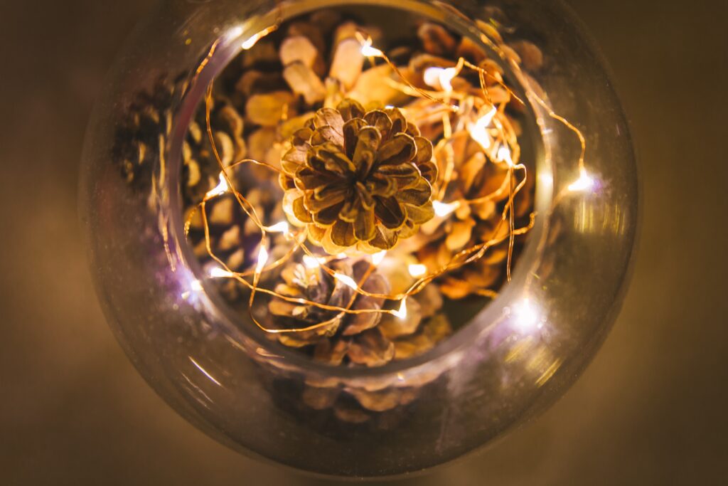 Christmas Party Themes of a bowl with lights and christmas decorations