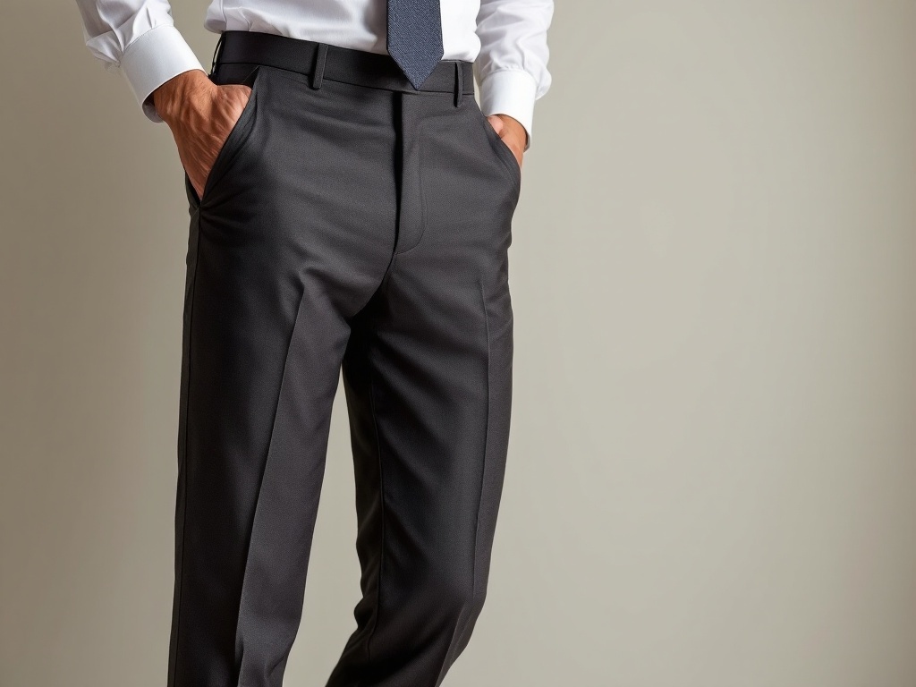 man wearing a white shirt and dark grey dress pants ready for a formal occasion. He is also wearing a white shirt.