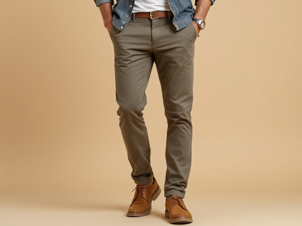 man wearing khaki chinos and brown boots, looking relaxed and comfortable