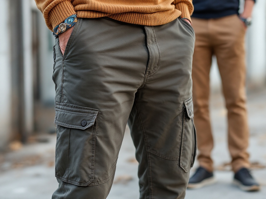 a man weaing khaki cargo pants as he walks down the street with a friend wearing brown trousers