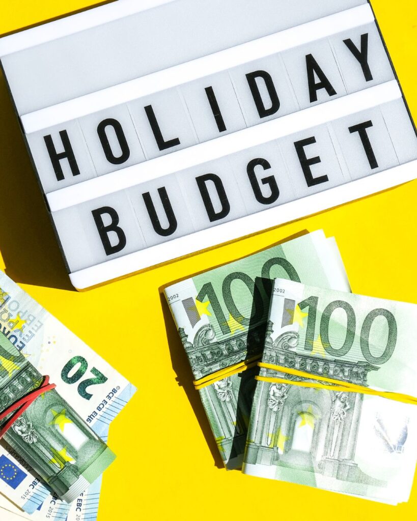 a sign saying holiday budget and some piles of Eiro notes on a yellow background